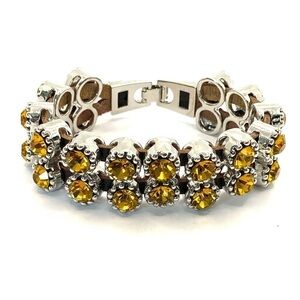 Bracelet Yellow Crystal Sliding Beads Brown Leather Silver Tone Clasp Statement